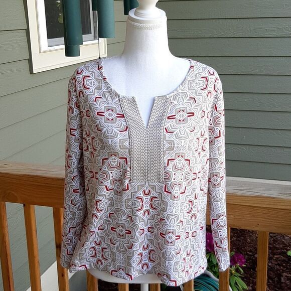 Kim Roger's Size L White, Red, and Brown 3/4 Sleeve Top - Picture 1 of 9